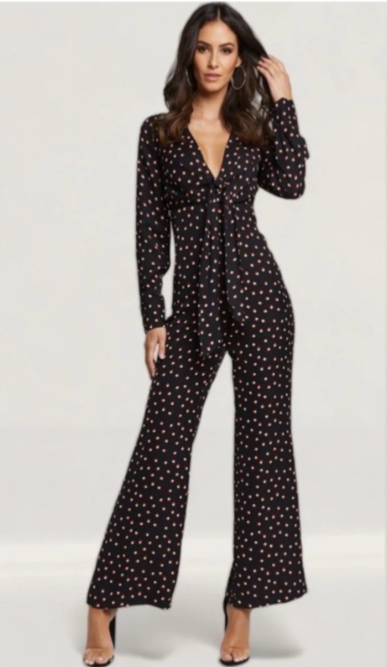 NEW Bardot 8 Tie Front Deep V Long Sleeve Wide Leg Polka Dot Jumpsuit Black A21